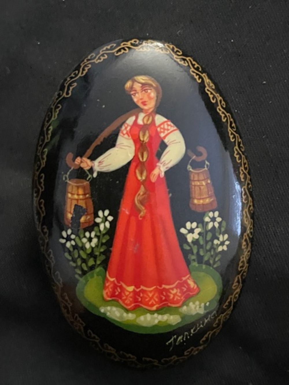 Hand-Painted Russian Lacquer Style Brooch - Red Dress